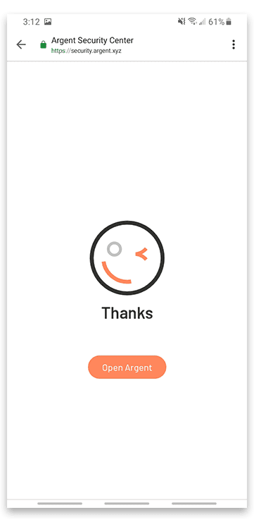 Registration completion screen. Select “Open Argent”